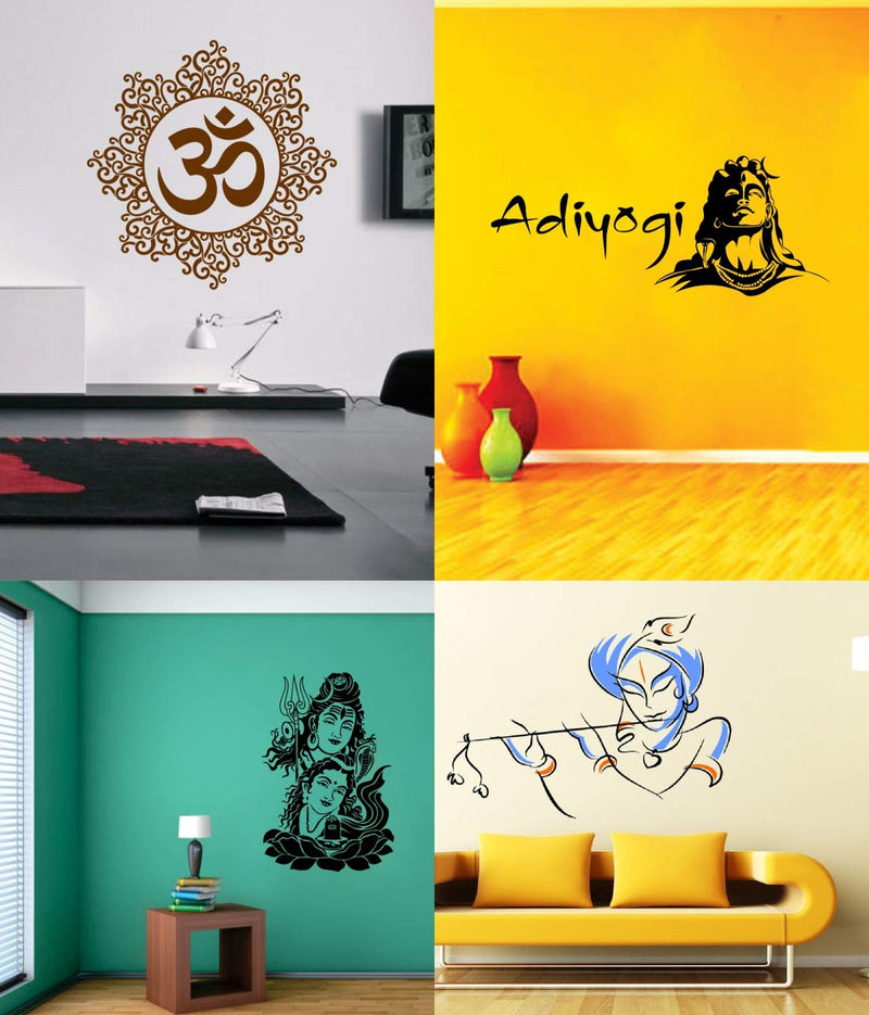 Walltech Vinyl Shiv Parwati-(60 x 39 cms), adiyogi-(50 x 118 cms), bansidhar-(65 x 90 cms), Designer om-(50 x 50 cms) Wall Sticker - Combo of 4, Multicolour, Fantasy