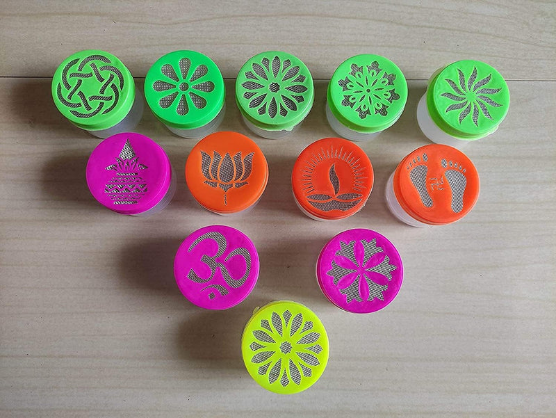 ICON Rangoli Stamp Filler Set of 12 pcs | Rangoli Dabbi| Rangoli Making Kit | Rangoli Stencils (Om, Swastik, Lotus, Diya, Charan and Flower Designs) for Indoor/Outdoor Decorative Rangoli