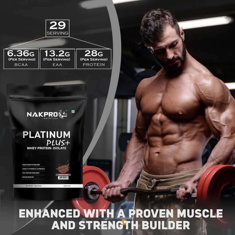 NAKPRO Platinum Plus+ Whey Protein Isolate with Digestive Enzymes | 28g Protein, 6.36g BCAA | Added Vitamins & Minerals (Chocolate, 1 Kg)