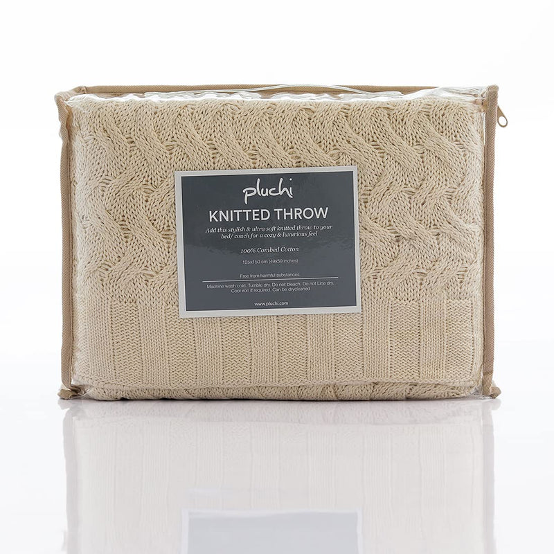 Pluchi Criss Cross Cotton Knitted All Season AC Throw Blanket in Natural Color ((125 cm x 150 cm))