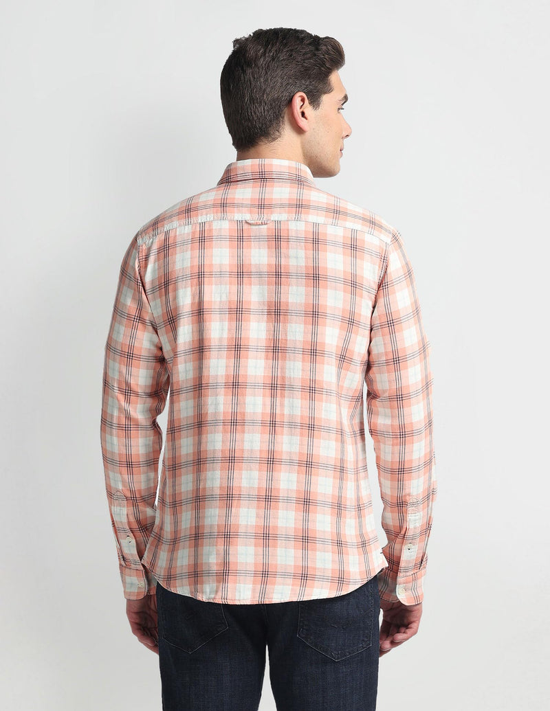 U.S. POLO ASSN. Men's Checkered Slim Fit Shirt (UDSHT0931_Peach