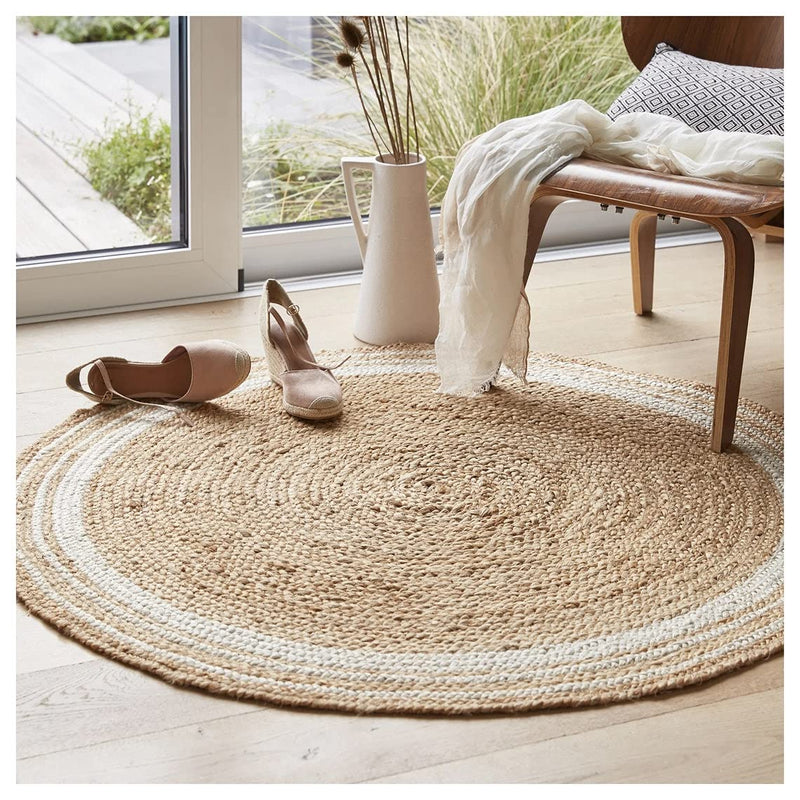 Habere India-All the Cultures Fabricating India Jute Carpet for Living Room, Jute Round Floor Mat, Rugs for Living Room, Jute Centre Table Carpet (Jute + White (Round), Round_3*3 FT)