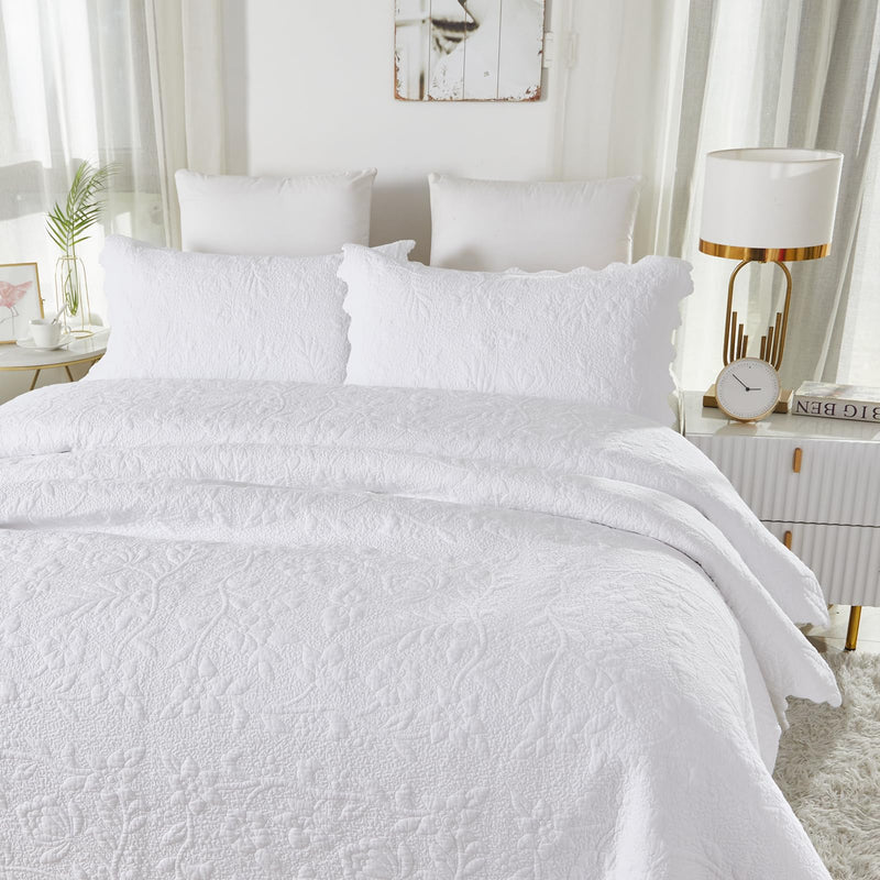 Brandream White Quilt Set King Size Quilt Bedding Set Cotton Luxury Matelasse Coverlet Set Farmhouse Bedding Set Scalloped Queen Bedspreads 3-Piece