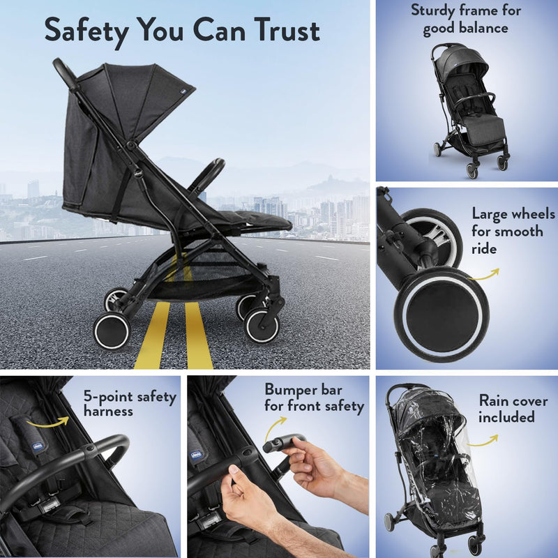 Chicco Trolleyme Stroller With Bumper Bar,Pram For 0-3 Years New Born/Baby/Toddler/Kid (Boy,Girl)Backrest With Multi-Level Adjustment,With Rain Cover,Canopy With Window Mesh,(Upto 15 Kgs,Stone Black)