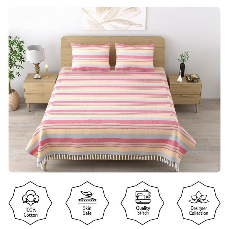 Värde 210 TC Kerala Double Bedsheet with 2 Pillow Cover | Handloom Cotton Bedsheets for Double Bed | Woven Striped Bedcover | All Season | Size 240cmx220cm Pillow 68cmx43cm | Muted Pink