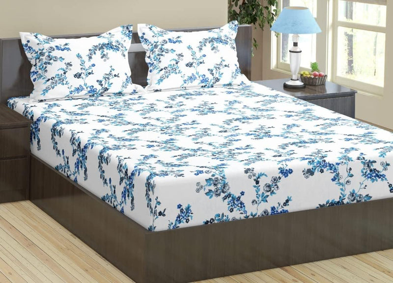 Trance Home Linen 180TC 100% Cotton 78"x60" Standard Queen Size Elastic Fitted Bedsheet | Printed Queen Bed Size Elasticated Fitted Bedspread with 2 Pillow Covers (Queen 78x60 inch, Nile Blue)