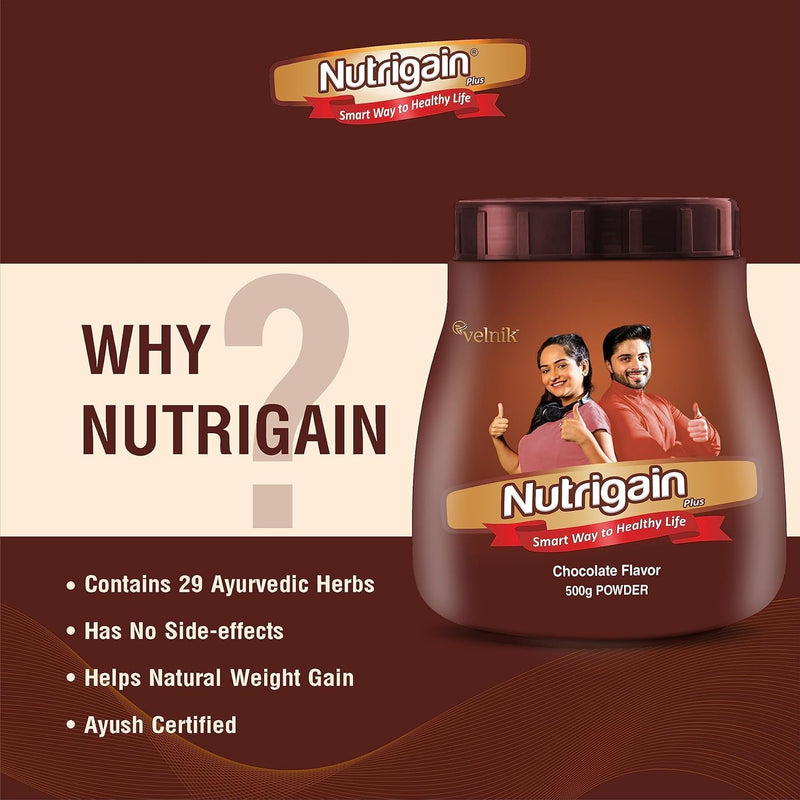 Nutrigain Plus Ayurvedic Weight Gainer Supplement Powder for Men Women and Adults with Natural Ingredients to Improve Stamina, Appetite and Overall Wellness 500 gm (Chocolate Flavour)