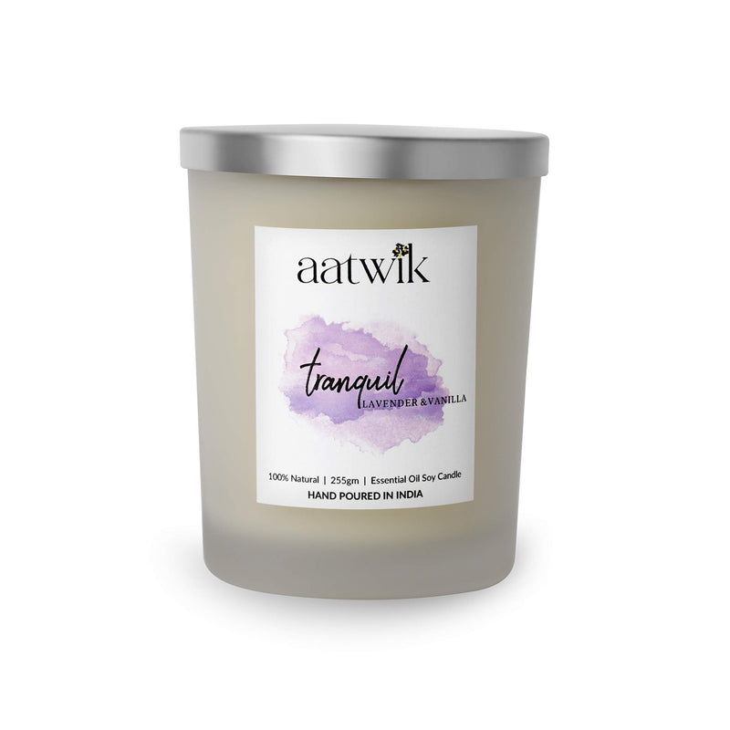 Aatwik Tranquil Aroma Soy Wax Candle Lavender and Vanilla Essential Oils | Home Decoration|Birthday | Indoor| Outdoor | 255gm