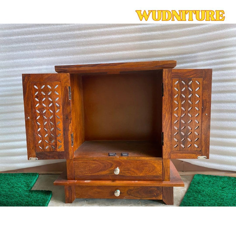 Wudniture Sheesham Wood Handcraft Temple for Home & Office Solid Wooden Temple for Puja Room with 2 Drawer | Pooja Mandap | Wooden Temple - Natural Teak