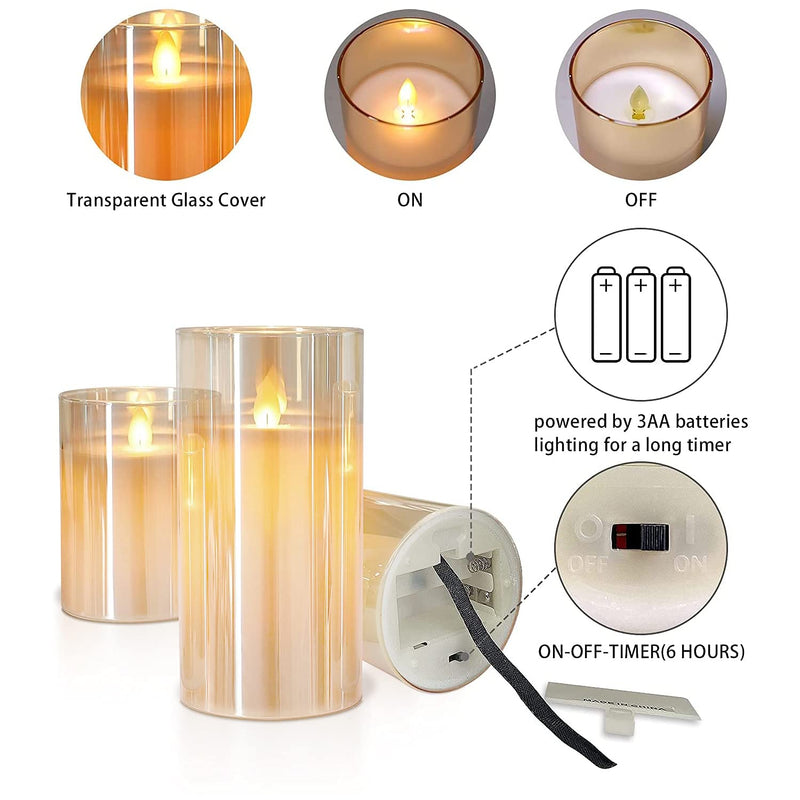 Crystal Club Gold Glass Flameless Candles, Battery Operated LED Pillar Candles with Remote, Flickering Flameless Candles with Timer, Amber Glass Effect Candle & Gold Decor for Christmas Home Decors