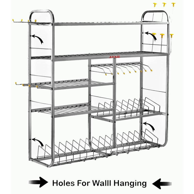 AVAIL Stainless Steel 5 Shelf Wall Mount Cup and Plate Holder Kitchen Rack | Kitchen Organizer | Utensils Rack with Plate & Cutlery Stand | Modular Kitchen Storage Rack |, Tiered Shelf