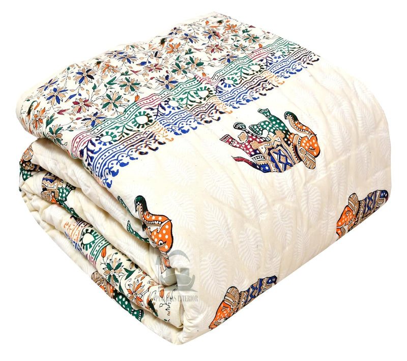 SIBLEY 210 TC Traditional Rajasthani Jaipuri Sanganeri Printed Handmade Cotton Printed/Razai/Quilt, Single Bed (Blue and White)