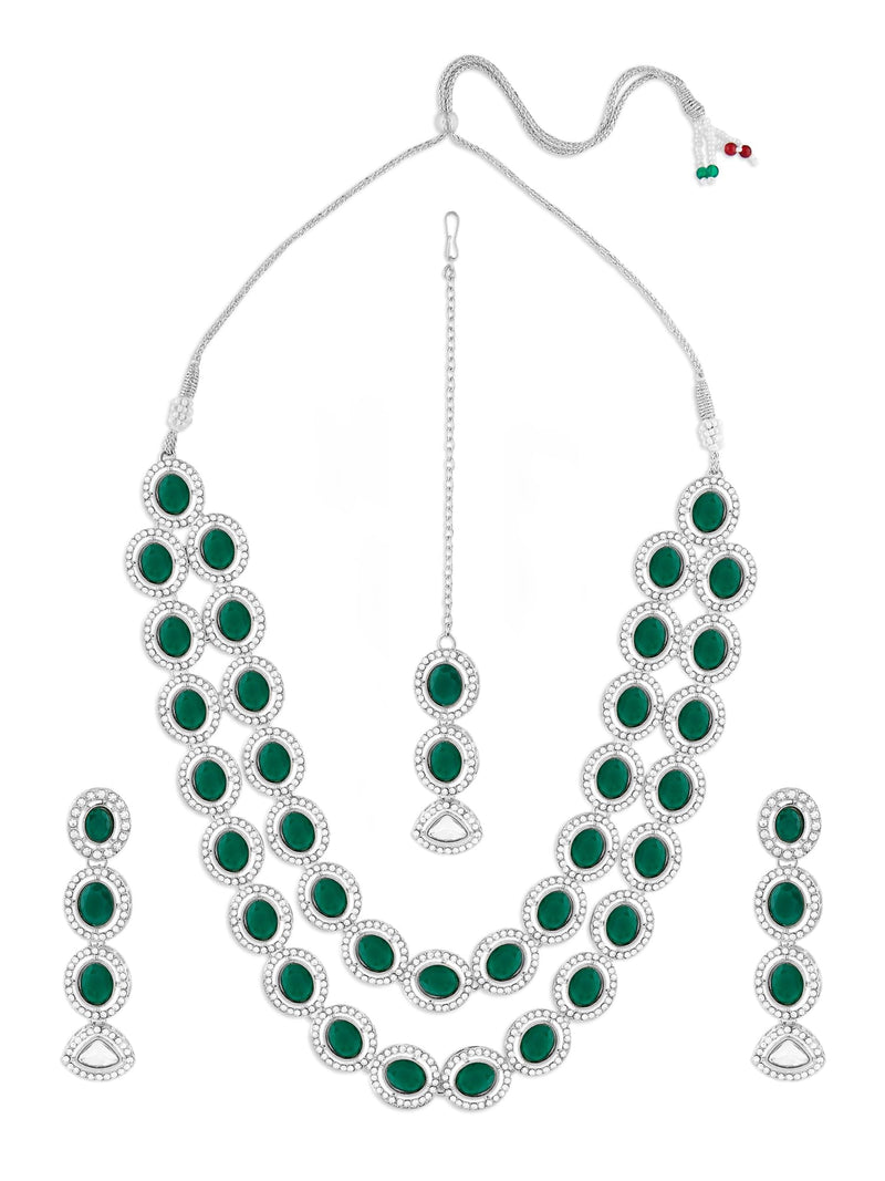 ZAVERI PEARLS Green Stones Dazzling Austrian Diamonds Layered Necklace Earring & Maangtikka Set For Women-ZPFK17569