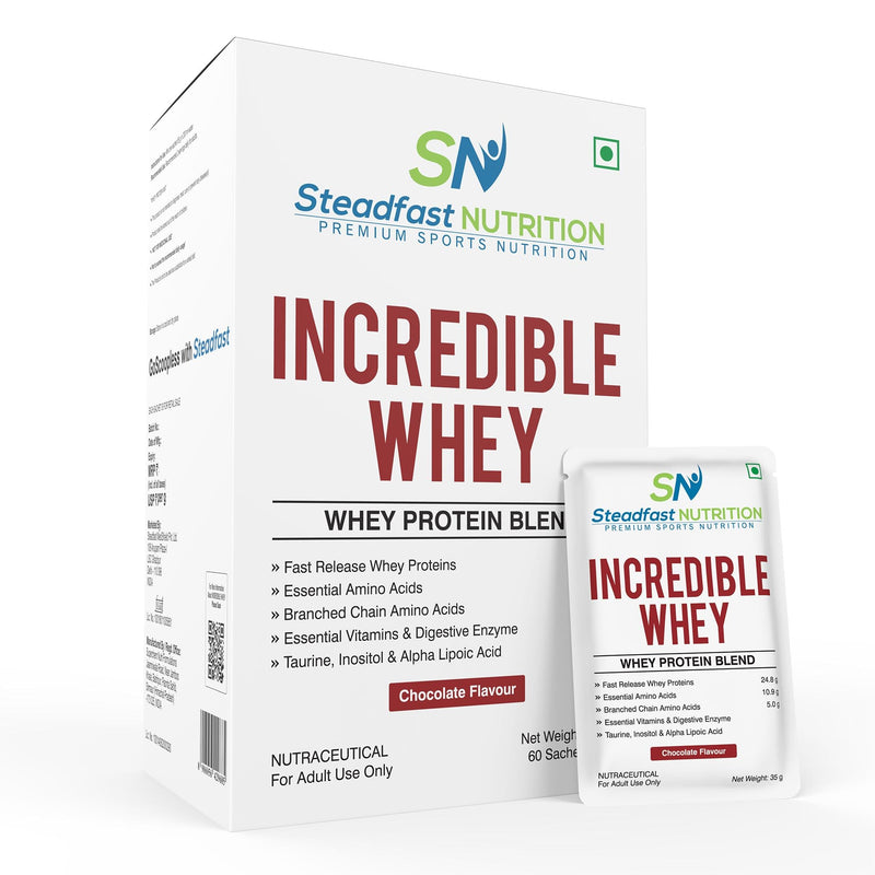 Steadfast Nutrition Incredible Whey Protein| Isolate and Concentrate Fast release Protein Powder for Men and Women No added preservatives (Chocolate, Pack of 60 Sachets)