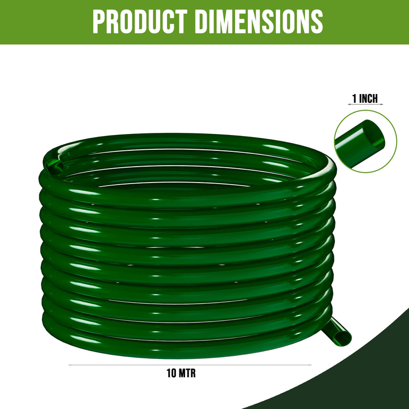 ORILEY 10Mtr 1 Inch Non-Braided Water Pipe with Hose Connector/Jointer/Nozzle & Clamps Lightweight Flexible Gardening Cleaning Outdoor-Indoor Use (32 feet, Dark Green)