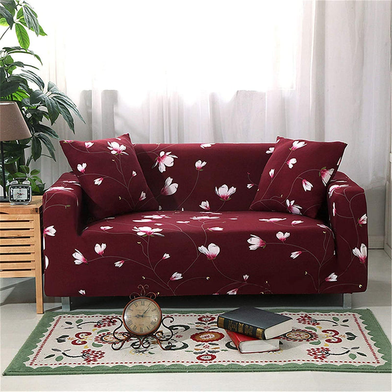 EKRON 3 Seater Elastic Universal Stretchable Sofa Cover with 2 Free Cushion Cover, Polyester (180cm-230cm/Maroon Flower Design)