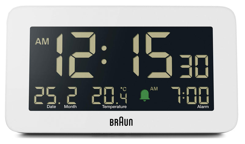 Braun Digital Alarm Clock with Date, Month and Temperature Displayed, Negative LCD Display, Quick Set, Crescendo Beep Alarm in White, Model BC10W.