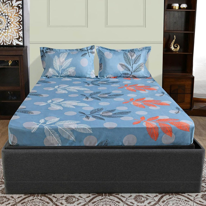 @home by Nilkamal Ammara Leaf Design Polyester Double Bedsheet with 2 Pillow Covers|90 GSM|Lightweight, Soft Seasons|Ideal for Gifting on Any Occassion|90 X 98 inch|Blue and Grey