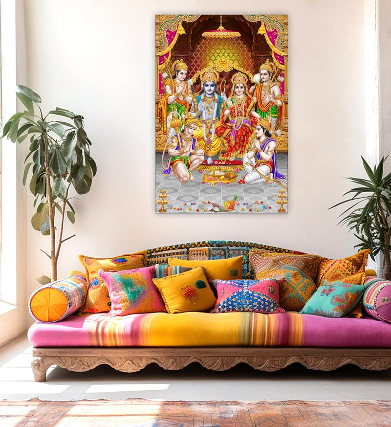 Indianara Rolled Sparkled Lord Ram Darbar Art Print for Room Décor Digital Reprint 36 inch x 24 inch Painting (10645PST)