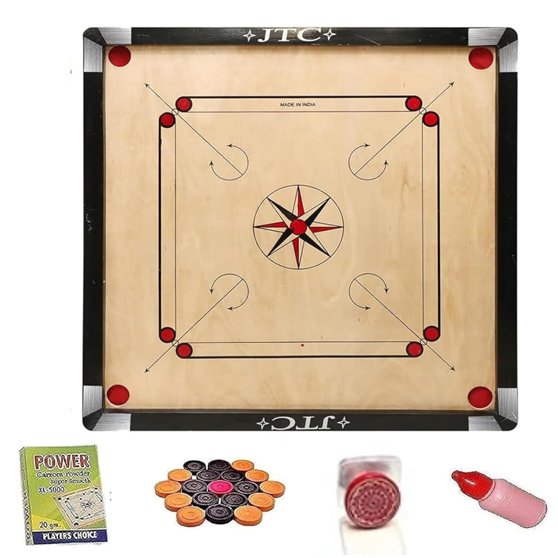 JTC Carrom Board 32 Inch Full Size Matte Finish for Kids Men Women Adults Serious Professional with Coins, Striker and Powder Made of Assam Plywood Carrom Board Best Smooth Board