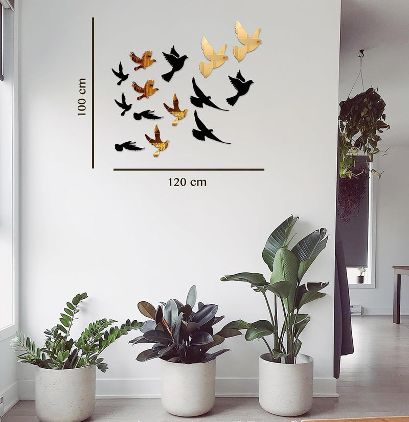 Chote Mote Seller - Birds Golden Mirror Stickers for Wall, Acrylic Mirror, Wall Mirror, 3D Stickers, chidiya Wall Stickers for Room Hall Home and Office (Golden, Pack of 49)