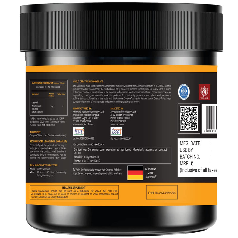 OSOAA Creatine Monohydrate "Creapure" Germany Certified (100 Gm) | Lab Tested & Fssai Approved |Boosts Strength & Athletic Performance | Muscle Repair & Recovery| Unflavoured Powder