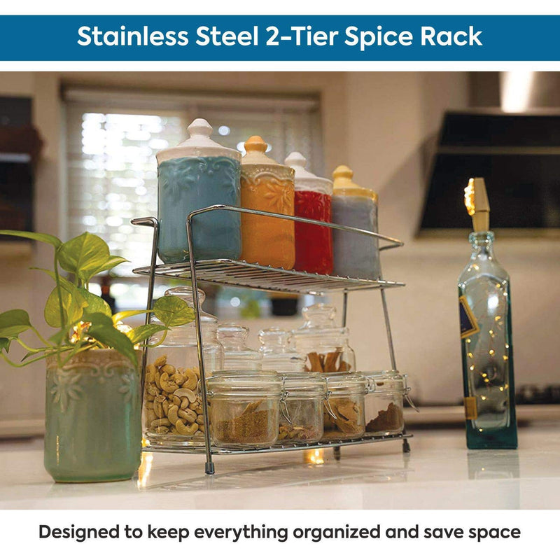 CR18 COLLECTION Multipurpose Spice Rack Stainless Steel 2 Layer Corner Storage Rack Shelf & Spice/Masala Boxes Container/Basket for Utensils-Dishes-Plates for Kitchen, Tiered Shelf