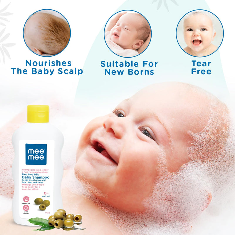 Mee Mee Mild Baby Shampoo 400 ml | Mild & Gentle| Tear-Free Formula, Enriched with Olive Extracts, Nurturing for Infant Hair - From Birth Onwards, Dermatologist-Approved