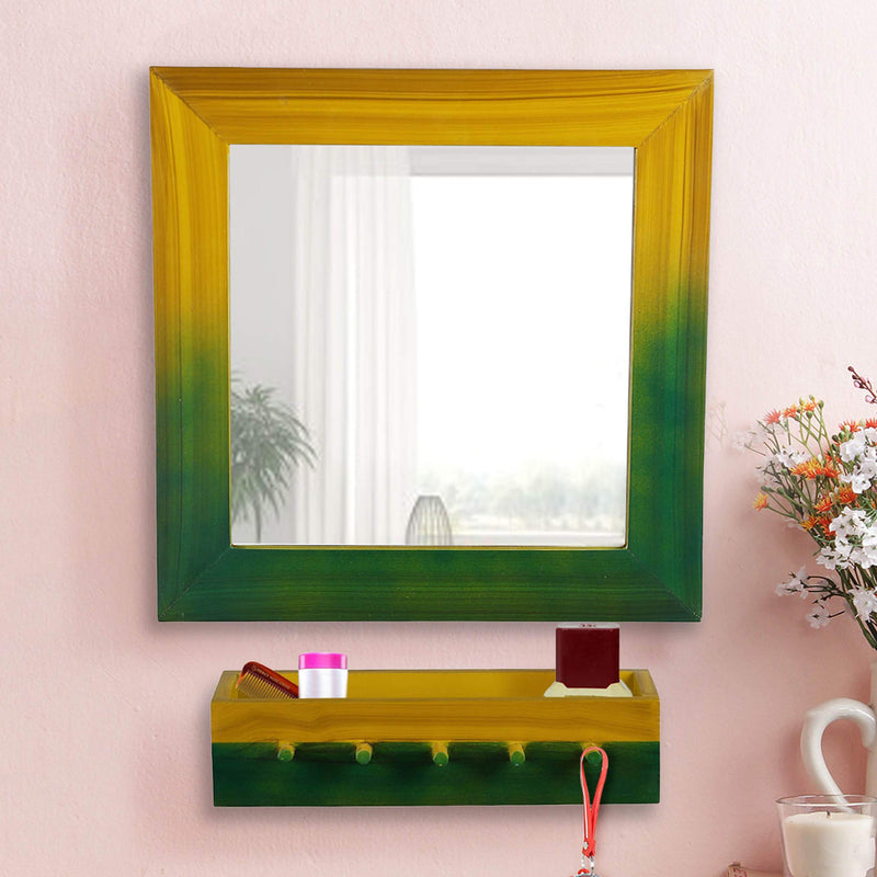 TIED RIBBONS Engineered Wood Square Wall Mirror with Shelf (Wooden Frame: 37.5 cm x 37.5 cm, Shelf: 7.5 cm x 30 cm, Multicolour)