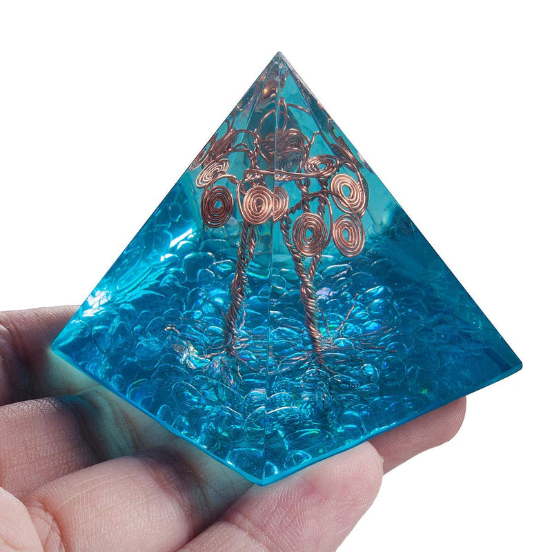 SUNYIK Handmade Tree of Life Orgone Pyramid Energy Generator, Chip Rock Quartz Chakra Healing Crystal Point for Protection Meditation Yoga 2" Light Blue