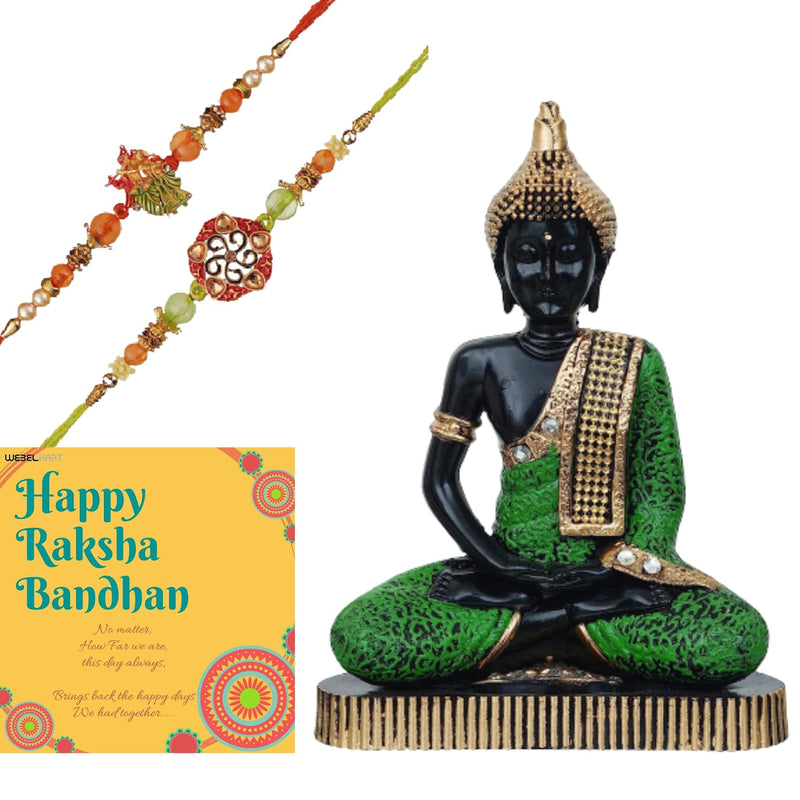 Webelkart Premium Combo of Rakhi Gift for Brother and Bhabhi and Kids with Meditating Buddha Statue Showpiece, Rakshabandhan Gifts for Bhai Sister - Fancy Rakhi with Meditating Buddha