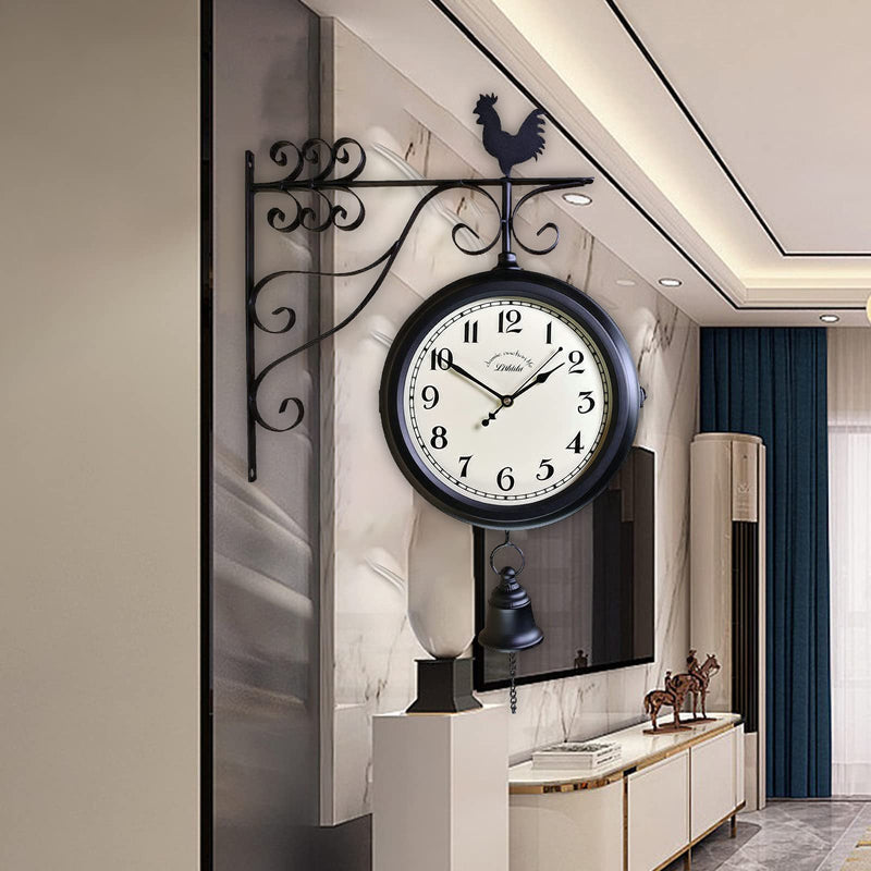 Outdoor Double Sided Clock Double Sided Hanging Clock for Patio Garage Outdoor Area Antique Train Station Clock Two Sided Clock for Indoors/Outdoors