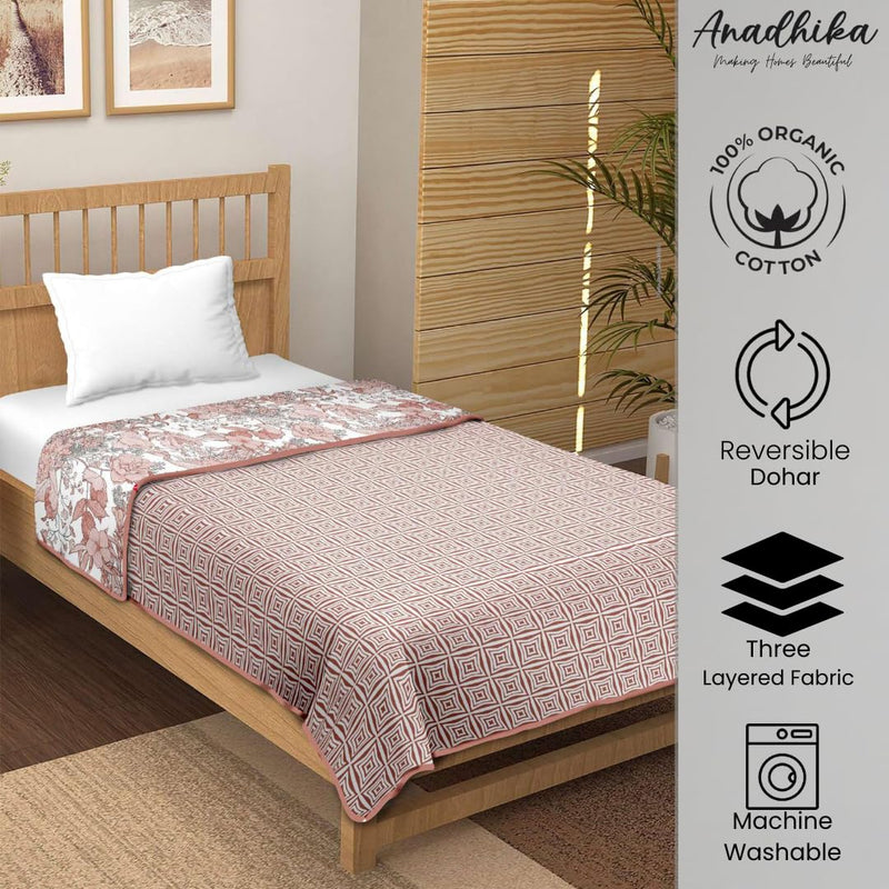 Anadhika 100% Cotton Reversible Dohar Double Bed AC Blanket for Winter Summer Travelling Light Weight Soft Blanket 100"x90" -Mosiac Pink