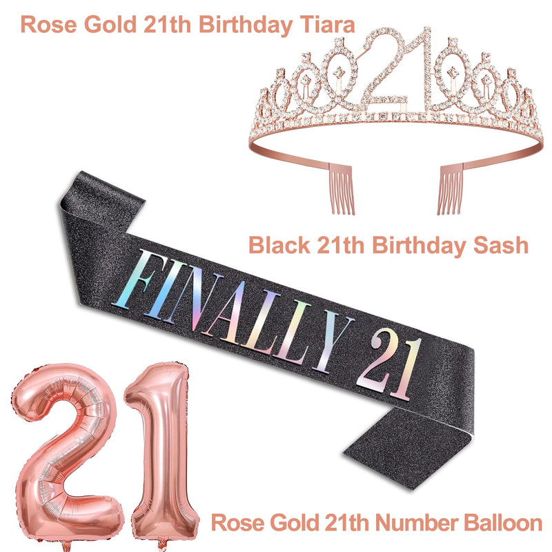 21st Birthday Decorations For Her Black Rose Gold Include Glittery Black Finally 21 Birthday Sash and Tiara Rose Gold, 21 Birthday Cake Topper, Number 21 Birthday Candles, Rose Gold 21 Balloons