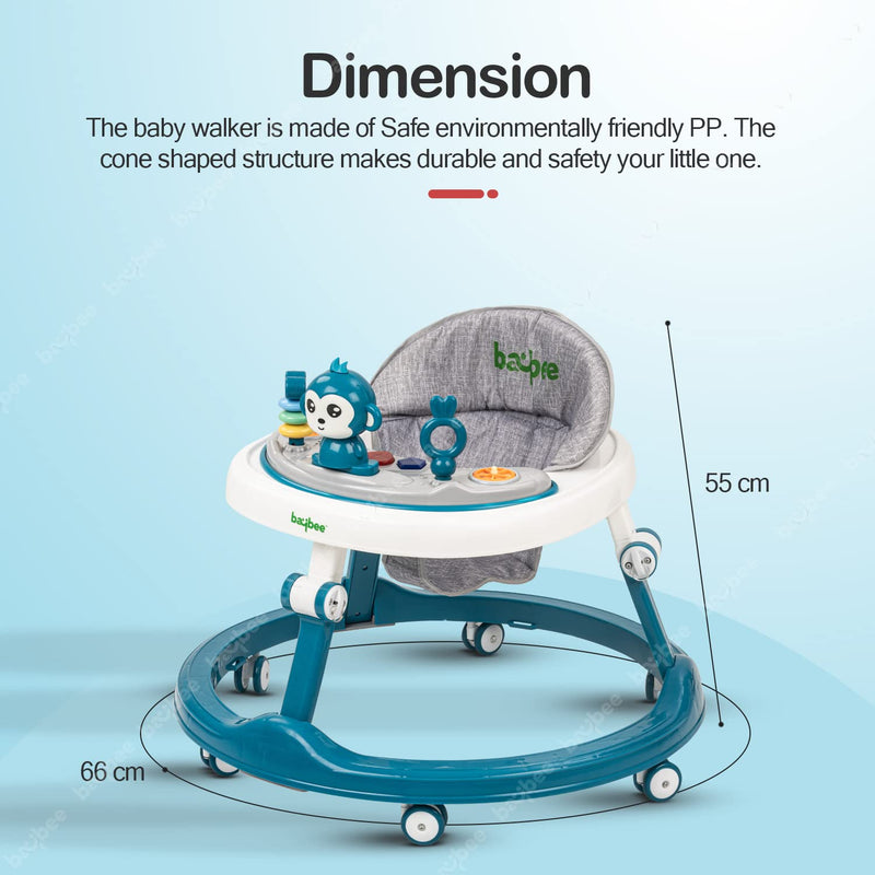 Baybee Drono Baby Walker for Kids, Round Kids Walker with 4 Seat Height Adjustable | Foldable Activity Walker for Baby with Food Tray & Musical Toy Bar | Walker Baby 6-18 Months Boys Girls (Blue)