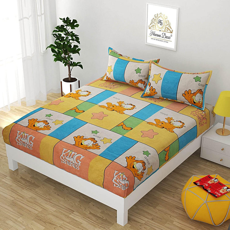 Mosho 180 TC Glace Cotton BedSheet for Double Bed 72x78x7 Inch Kids Cartoon Print Elastic Fitted (Orange Garfield)