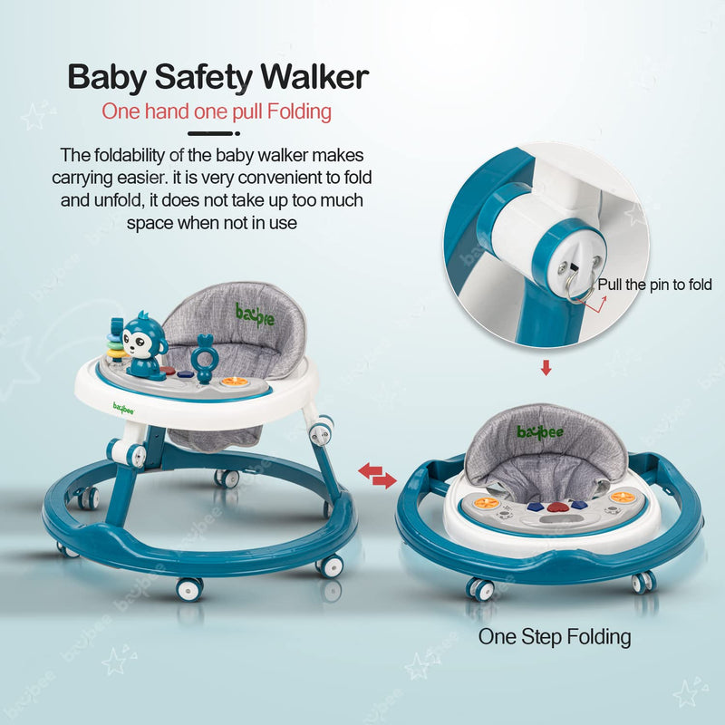 Baybee Drono Baby Walker for Kids, Round Kids Walker with 4 Seat Height Adjustable | Foldable Activity Walker for Baby with Food Tray & Musical Toy Bar | Walker Baby 6-18 Months Boys Girls (Blue)