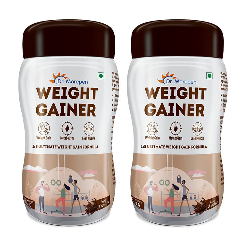 Dr. Morepen Weight Gainer/Gain Weight, Post Workout, 74 G Carbohydrate, 14.5G Protein, Healthy Fats (Irish Chocolate, 500G)|Pack Of 2 - Powder