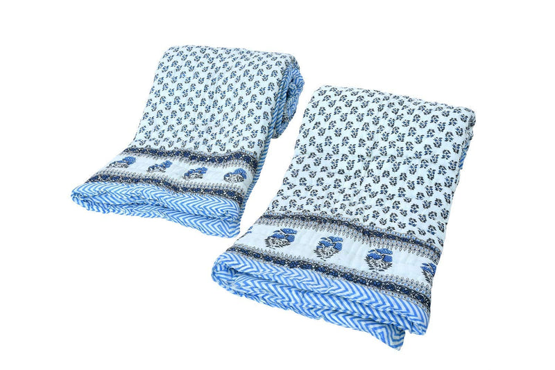 HOPEE SHOP Cotton Single Bed Jaipuri Razai Organic Pure Cotton Jaipuri rajai Ac Quilt for All Season Soft Light Weight Rajasthani Cotton Quilt 55 x 85 inch (Blue) Set of 2