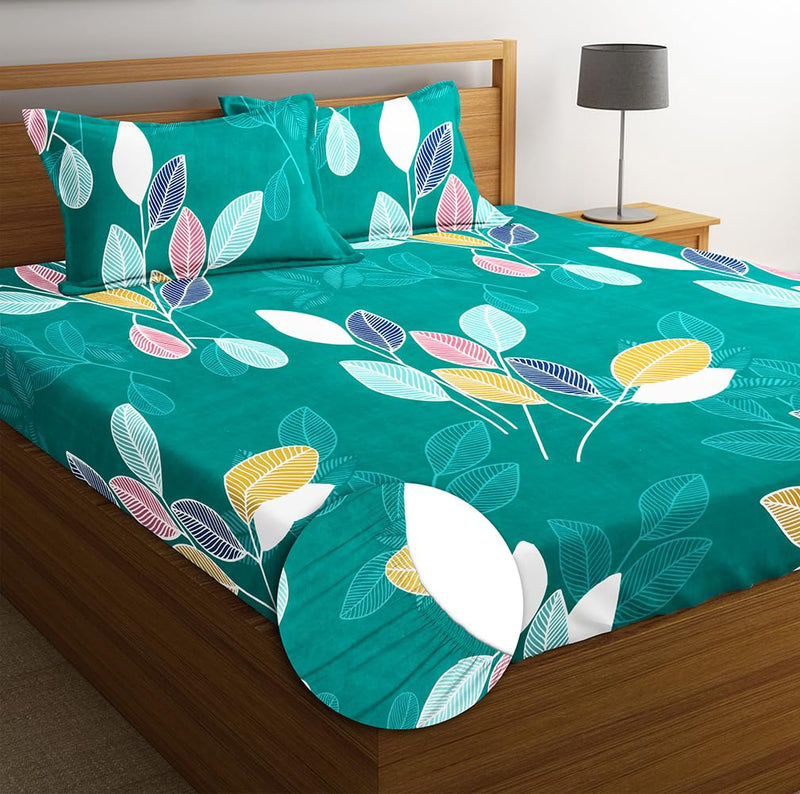 BSB HOME Style Cotton Feel Glace Cotton Elastic Fitted Printed King Size Double Bed Bedsheet with 2 Pillow Cover (78"x72", Floral-White and Green)