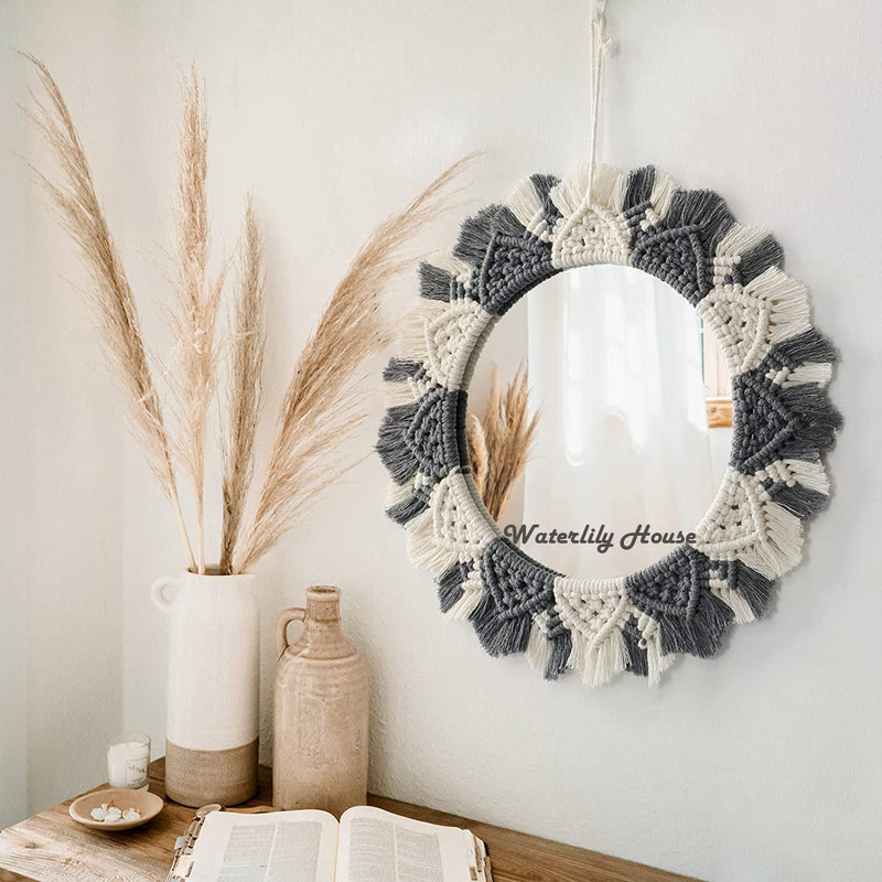 Waterlily House - Wall Hanging Macrame Mirror, Macrame Wall Mirror, Macrame Hanging Fringe, with Fringe, Round Wall Mirror for Home (Model - C)