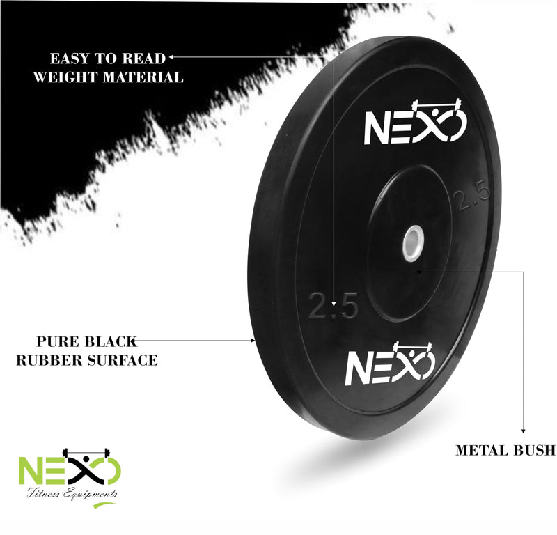 NEXO Black Olympic Professional Bumper Exercise Rubber Plates | Gym Weight Dumbbell Plates | Home gym equipment for Men & Women | 28mm Olympic Barbell | 5kg set of 2 Plates (2.5kg x 2)