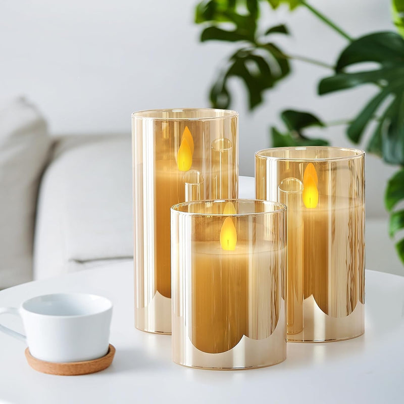 ZODZE Glass Flameless Candles Battery Operated with Remote Control, Set of 3 Flickering LED Pillar Candles, Pure White Wax D 3" H 4" 5" 6" Gold (Amber)