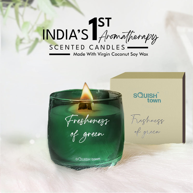 Squish Town Freshness of Green Aromatherapy Scented Candle| Minty & Fresh | Virgin Coconut Soy Wax Candle | Wooden Wick | Non-Toxic and Long Burn | Natural Essential Oil | 200 GMS