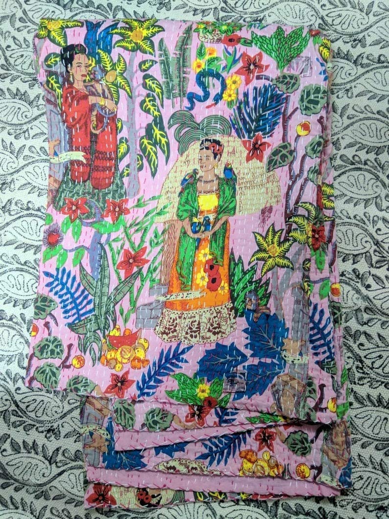 Fashion Hub Textile Work Creations Cotton Frida Kahlo Print Cotton Quilt Handmade Bed Cover/Blanket Bedspread/Bedsheet/Twin Kantha for Home Decor (Multicolour)