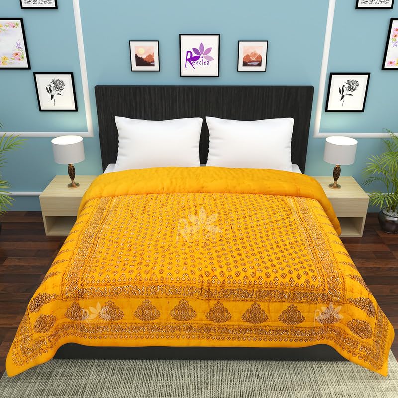 Rexxica 240 TC Single Bed Organic Cotton Jaipuri Famous Razai Bed Blanket Ac Quilt for Winter Soft Light Weight Rajasthani Traditional Rajai Cotton 57 x 84 inch.. (Single, Yellow)