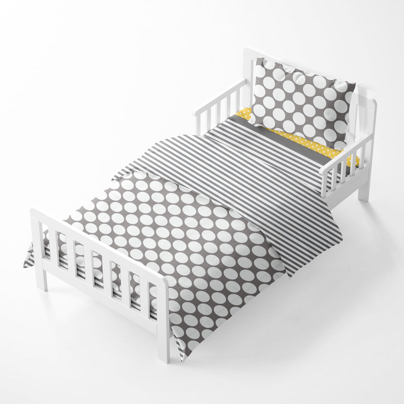 Dots/Pin Stripes Grey/Yellow 4 pc Toddler Bedding Set