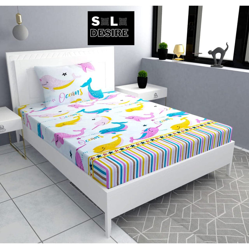 SOLO DESIRE Single Bed Elastic Fitted Cartoon Print Kids Room Glace Cotton Bed Sheet with 1 Pillow Cover | Single Bedsheet for Kids(Fits Upto 8 inch Mattress)(36 * 72) (Whale)