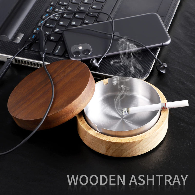 Wooden Ashtray with Lid for Smokers Stainless Steel Liner Ash Tray Windproof Durable Easy to Clean Cool Ashtrays for Indoor or Outdoor Use, Patio, Office & Home