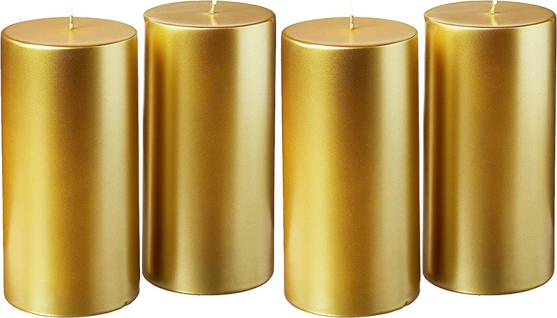 The Royal Luminary Collection: Opulent Radiance - Pack of 4 Exquisitely Crafted Metallic Pillar Candles in Luxurious Gold